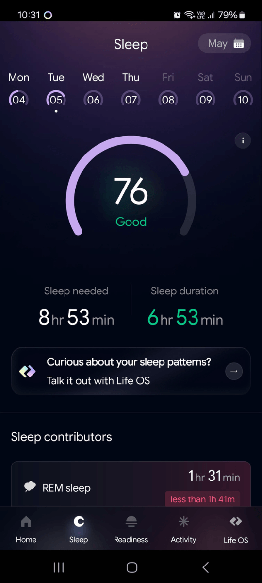 Parameter spánku v aplikácii Luna Ring 2.0